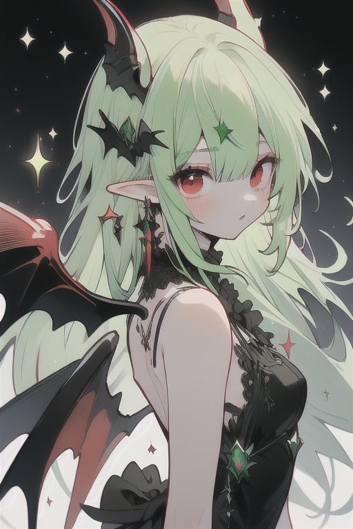 1girl, solo,red eyes,black wings,black drees ,green hair,long_hair ,elf ears, devil tail,1 girl,backgroun cool, light background,sparkling face,solo,niji