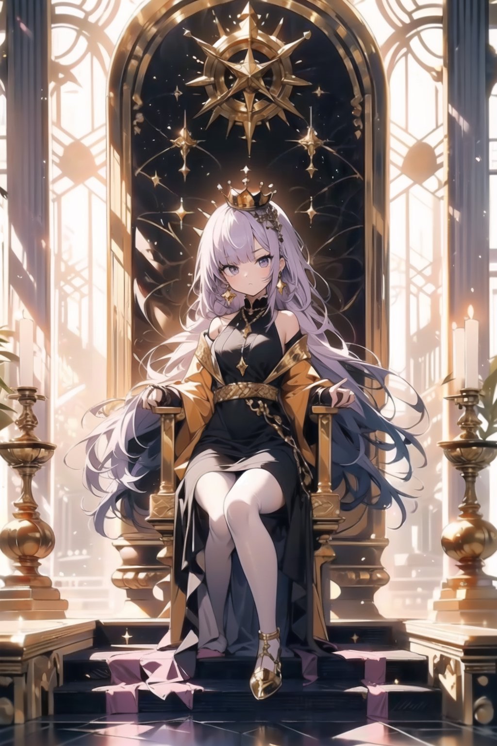 One girl(adult woman, on the throne), purple long hair, purple eye , serious face, medium breast, masterpiece,  best quality,  high quality, chlotes( long royal dress (golden, red, black), crown (gold/black), earrings  (dress:1.3)), background (Royale throne room ,big hall , little stairs, ground whit throne, throne (gold/black), shining light from the up)