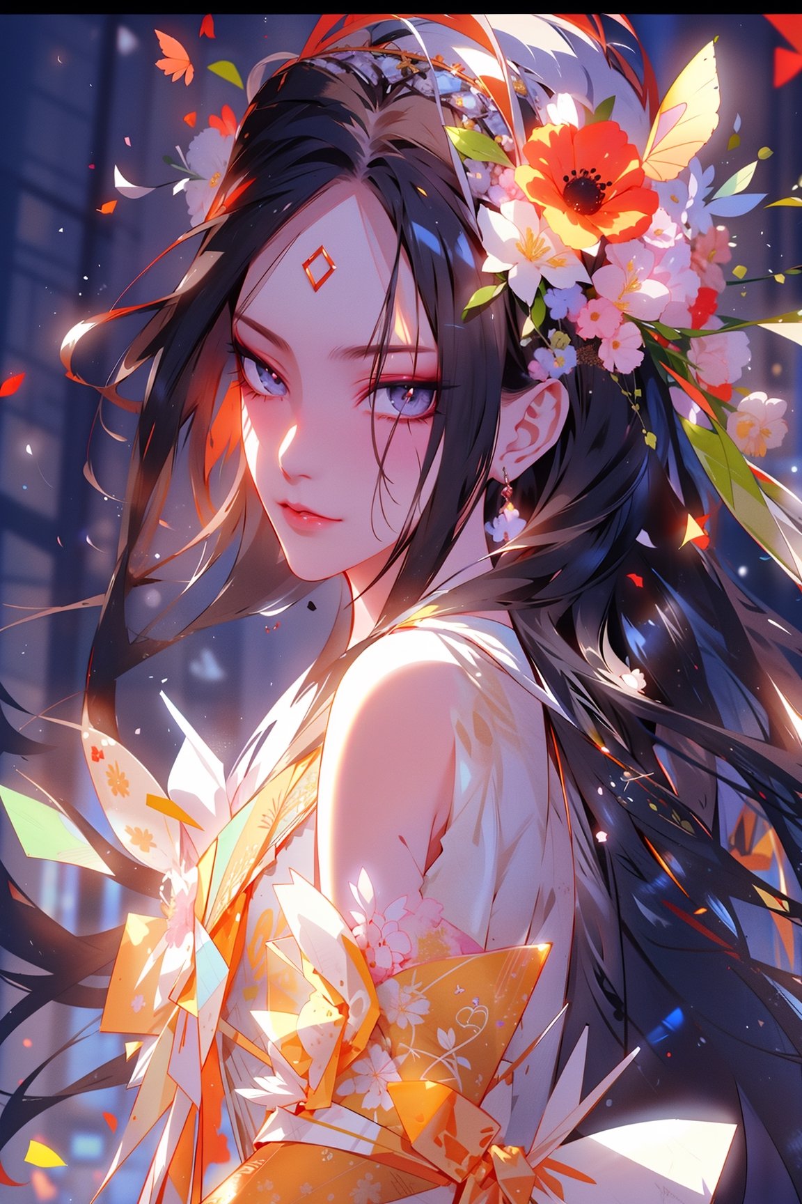 (masterpiece, best quality, highres:1.3), ultra resolution image, (1girl), (solo), kawaii, black hair, mystery, petals on cheeks, dreamlike, soft, pastel, (reality and fantasy:1.4), vivid color, serenity, twilight, garden, fireflies, innocent, graceful, scenery, blooming poppy, tears, peaceful, (white flower crown:1.3),
closed clothes,black knit shirt,masterpiece,1 girl