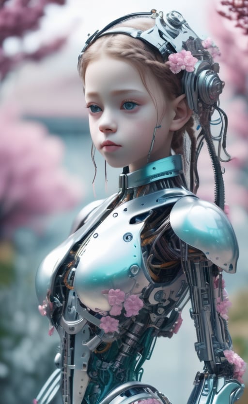 figure of biomechanical cyborg little girl made of glass, transparent, see-through intricated interal mechanical metal part, metal array, hi-tech, sci-fi, difficult, chip, circuit, post-production, elegan, teal and pearl white , ((She was picking pink flowers)) ,flower garden, outdoor,high_res,cyborg style