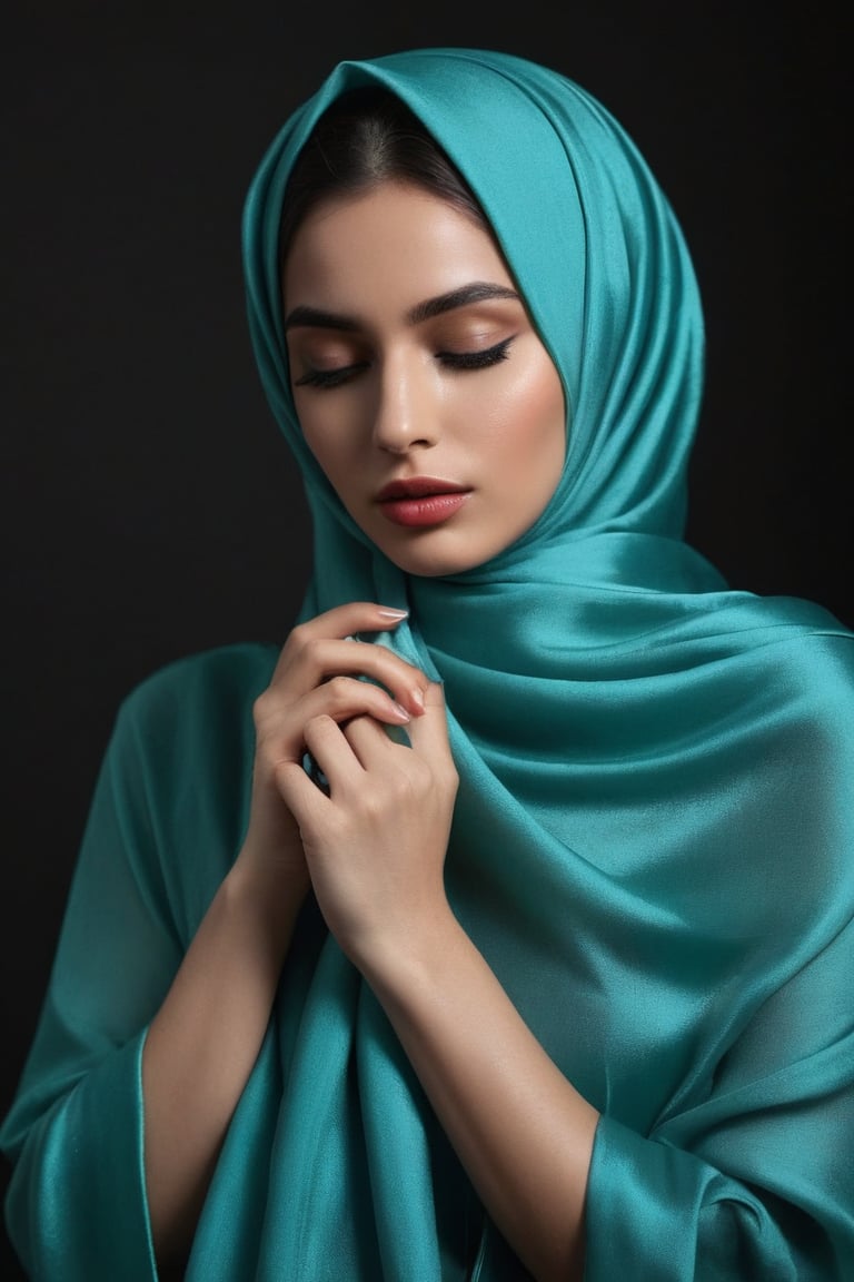 Extremely beautiful woman in fashion turqoise hijab with wonderful face, closed_eyes, in shy pose, standing alone, dark background, photorealism, tall and sexy