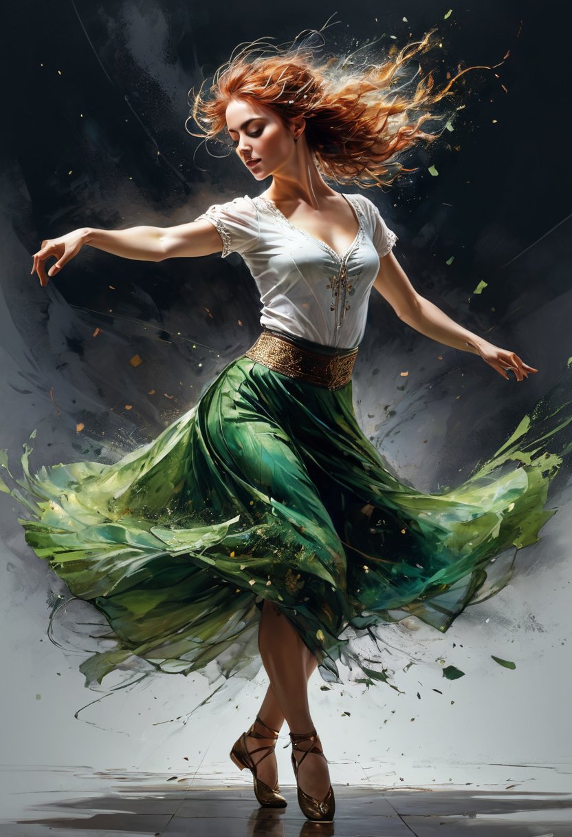 Irish woman dancing, celebration of tradition, carne griffiths and charlie bowater, high energy, dramatic angle