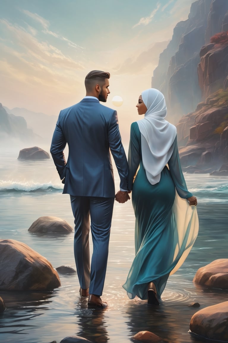 A lovely couple holding hand ((1 man with suits)) ((1 woman with hijab)), standing on misty rocks and water, blown with soft wind, shown from the back view, in the fantasy art style of Artgerm  and Greg Rutkowski , with a hyper realistic and soft lighting style, smooth brush strokes, high resolution, high detail, cinematic,8k, face focus