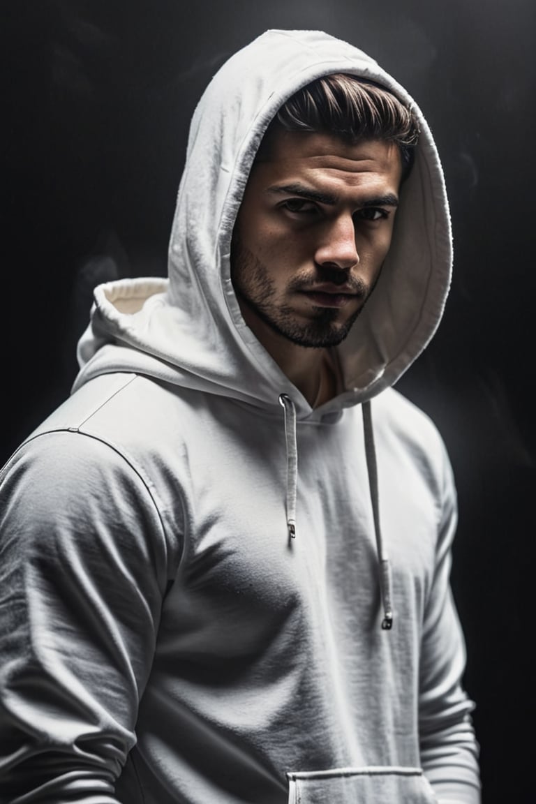 arrogant man face with hoodie, jeans, bokeh, mariano de vaio, angry face, white shirt, masterpiece, photorealism, full body,  pinlight smirking, side vew, standing in the dark hill, baroque, side view