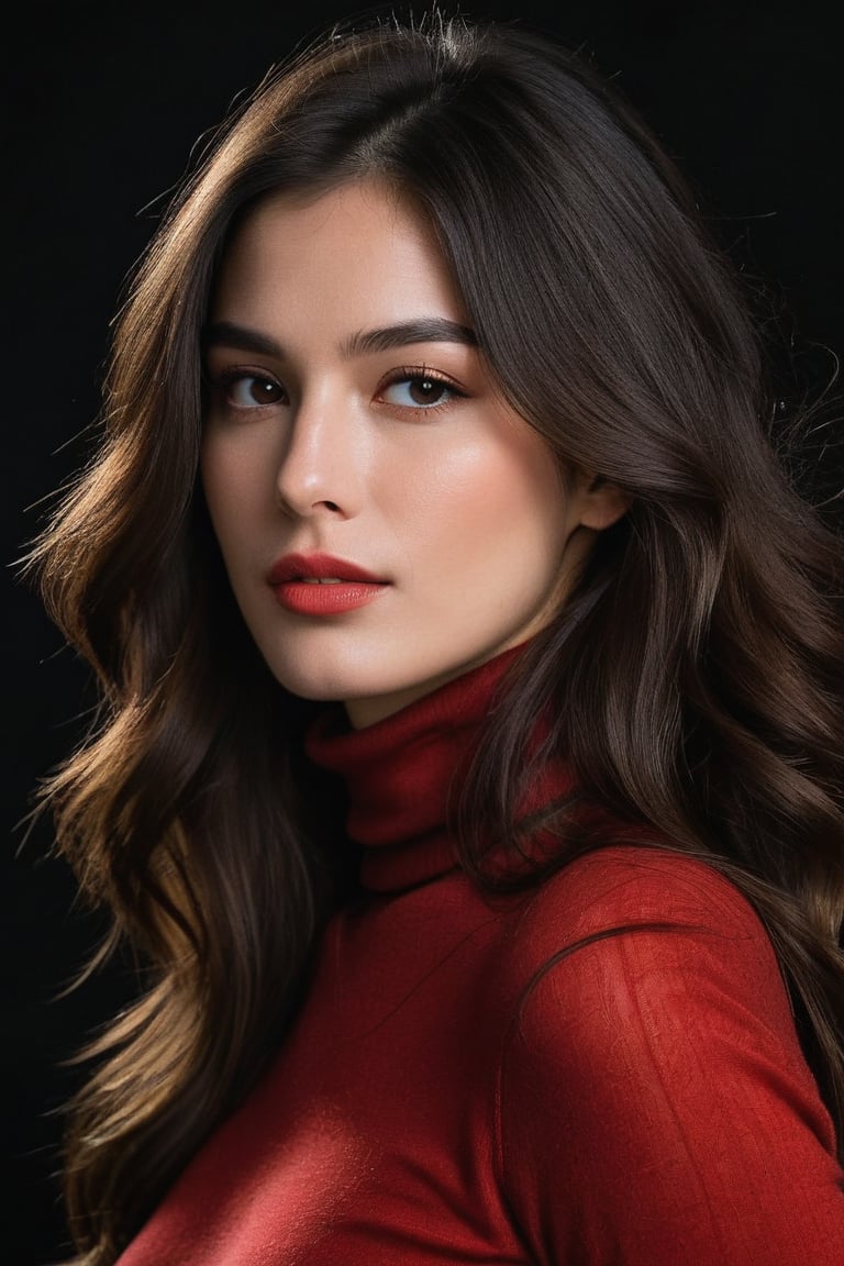 Pretty woman 19 year old with red turtle neck, masterpiece, photorealism, half body, standing with pose, side view, jawline, black long flowing hair,wonderful face, smirking, looking-at-viewer, yelling, dark background, baroque