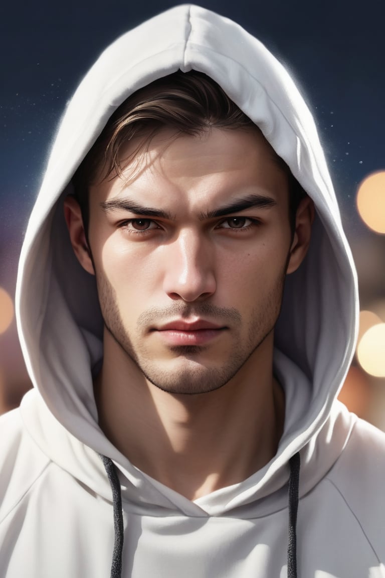 arrogant man face, with hoodie, bokeh, mariao de vaio, angry face, white shirt, masterpiece, photorealism, half body, standing, smirking