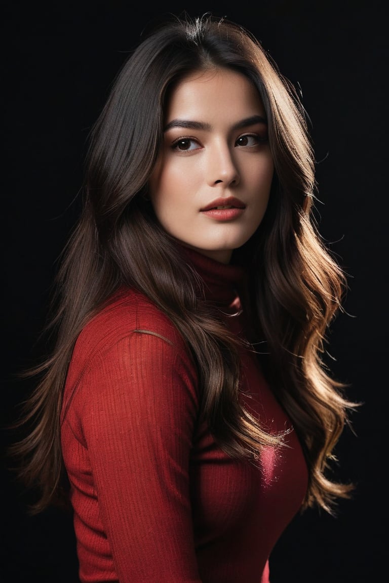 Pretty woman 19 year old with red turtle neck, masterpiece, photorealism, half body, standing with pose, side view, jawline, black long flowing hair,wonderful face, smirking, looking-at-viewer, yelling, dark background, baroque