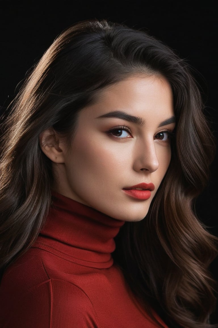 Pretty woman 19 year old with red turtle neck, masterpiece, photorealism, half body, standing with pose, side view, jawline, black long flowing hair,wonderful face, smirking, looking-at-viewer, yelling, dark background, baroque