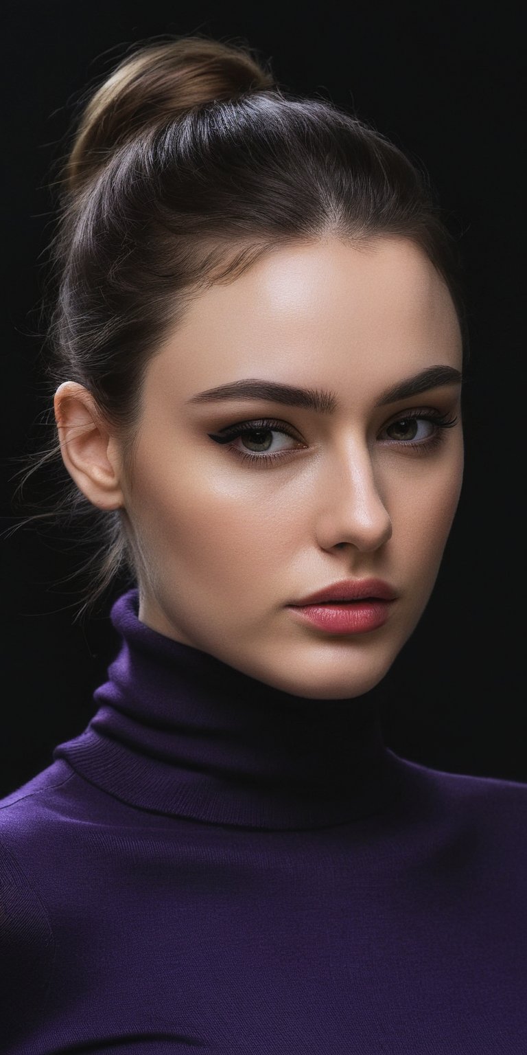 Arrogant woman, beauty face, 24 year, dasha taran, dark purple turtle_neck, masterpiece, look at viewer,photorealism, half body, standing with pose, side view, big hip,angry face, pitch black background, baroque