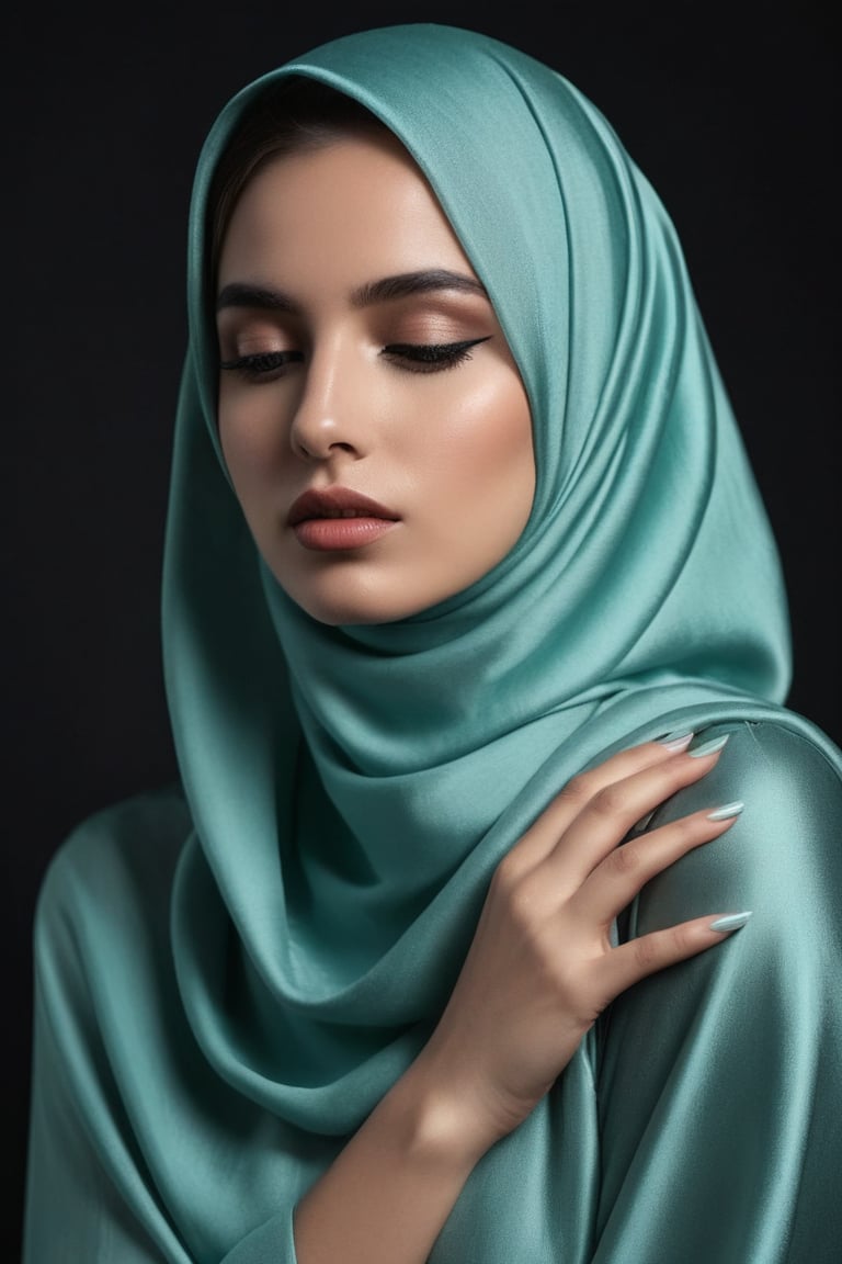 Extremely beautiful woman in fashion turqoise hijab with wonderful face, closed_eyes, in shy pose, standing alone, dark background, photorealism, tall and sexy