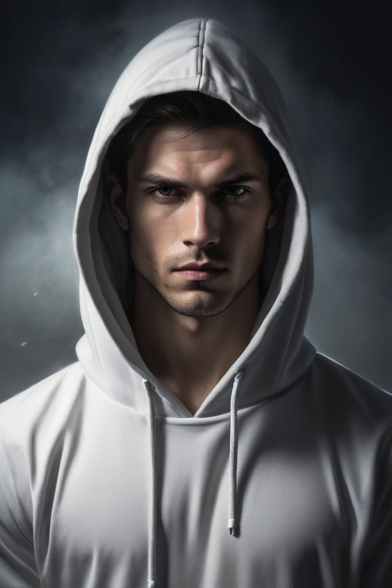 arrogant man face with hoodie, bokeh, mariao de vaio, angry face, white shirt, masterpiece, photorealism, full body, standing, smirking, side vew, standing in the dark hill, baroque