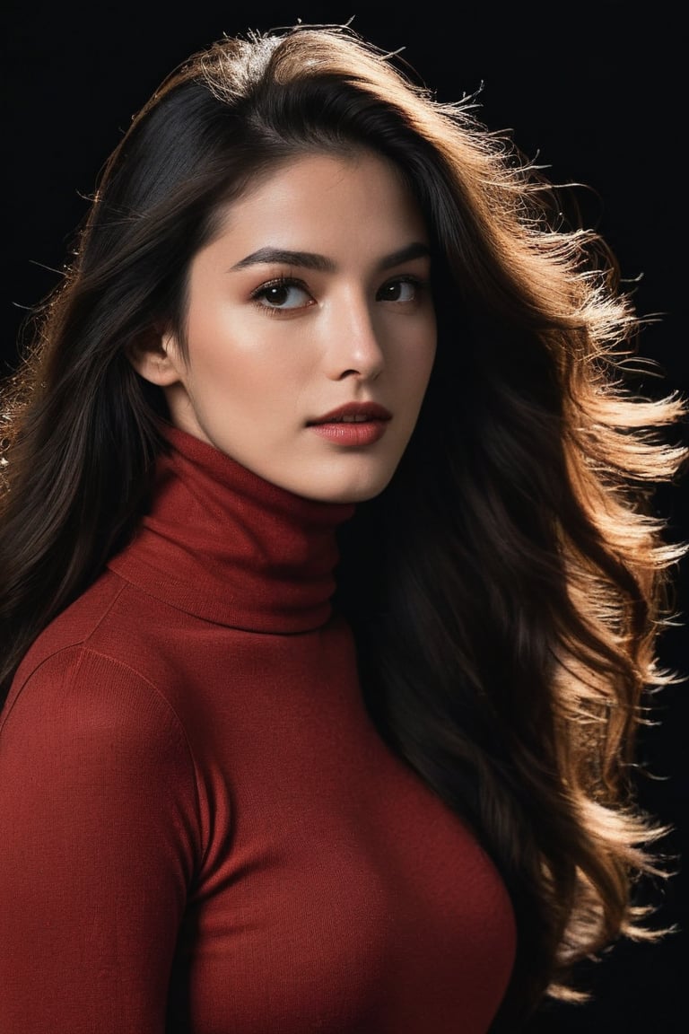 Pretty woman 19 year old with red turtle neck, masterpiece, photorealism, half body, standing with pose, side view, jawline, black long flowing hair,wonderful face, smirking, looking-at-viewer, yelling, dark background, baroque