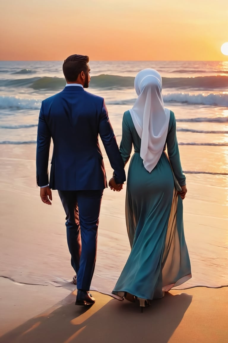 A lovely couple holding hand ((1 man with suits)) ((1 woman with hijab)), walking to sunset at beach, blown with soft wind, shown from the back view, in the fantasy art style of Artgerm  and Greg Rutkowski , with a hyper realistic and soft lighting style, smooth brush strokes, high resolution, high detail, cinematic,8k, face focus