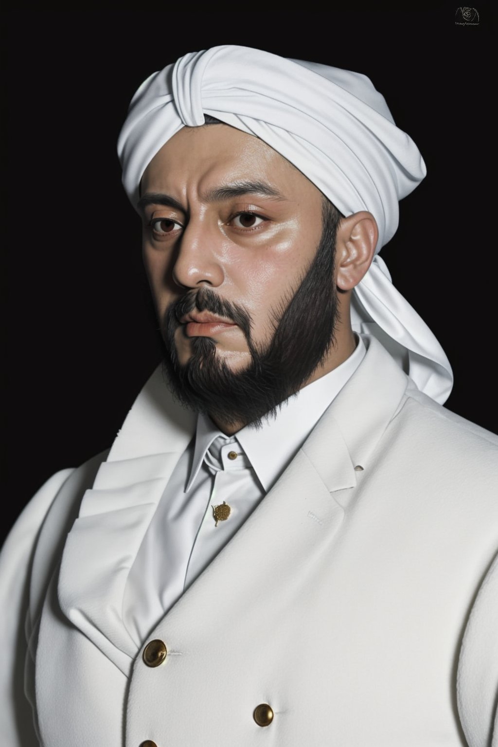 Ottoman sultan, turkish atire, white turban, long beard.