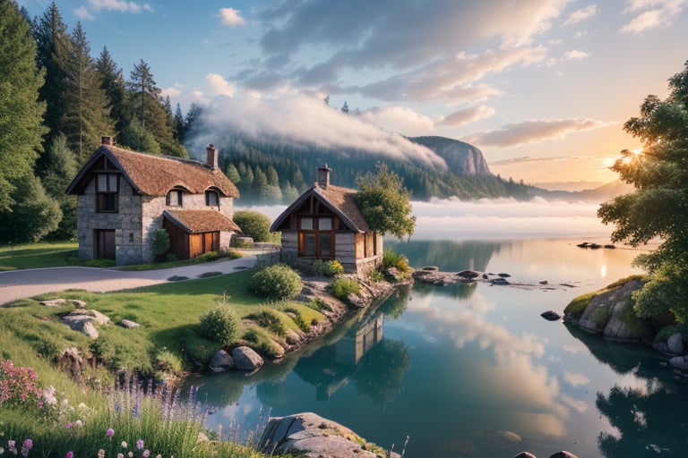 Accurate landscape, detailed vegetation, beautiful sparkling blue lake, rocks and flowers, An old cottage with plants growing on it, foggy landscape, HdR tones, drone footage, artwork, sunset, Artistic sigma