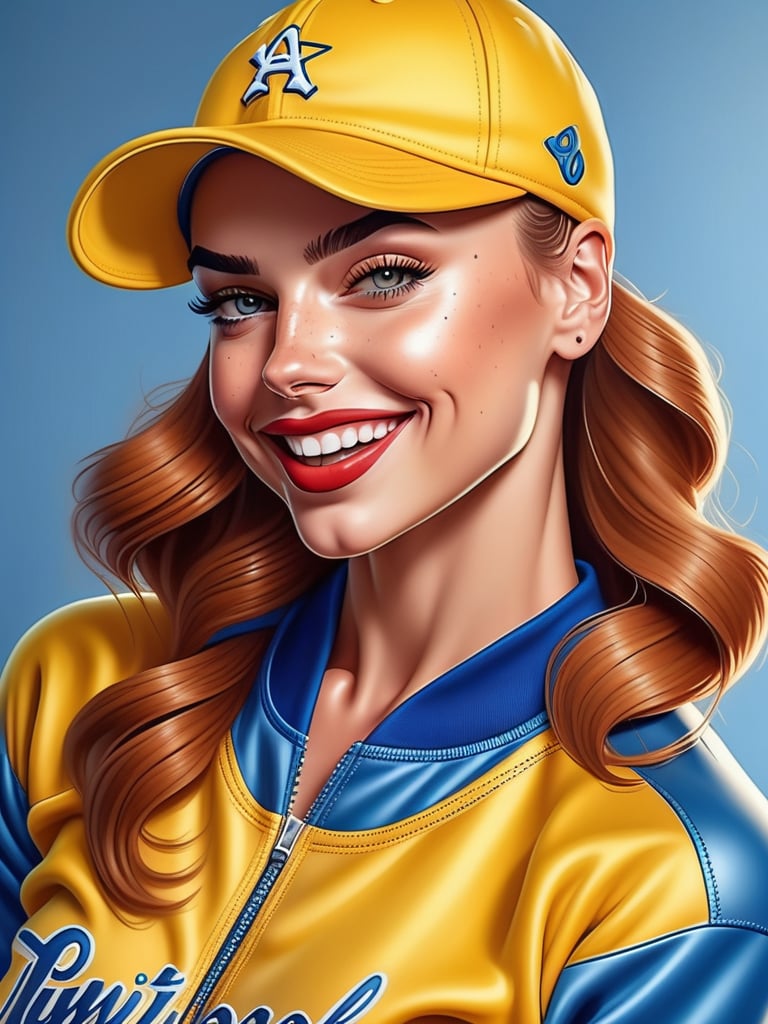 Sporty sexy woman posing for a picture, fashionable baseball cap, realistic skin texture,
accurate limbs, detailed beautiful face, blue clingy outfit, yellow sports shoes, attractive smile, twinkling eyes, sexy pose,
lifelike artistic point of view,