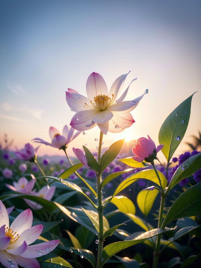 Macro photo, beautiful pink and light yellow purple flower bush, lifelike water drops, high quality, artistic petals, great depth of field, artistic sigma lens. sunset, blue hour, stunning composition