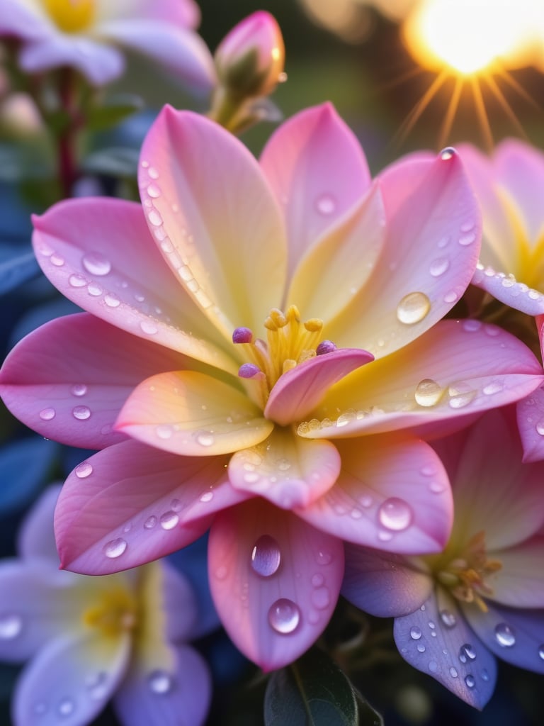 Macro photo, beautiful pink and light yellow purple flower bush, lifelike water drops, high quality, artistic petals, great depth of field, artistic sigma lens. sunset, blue hour, stunning composition