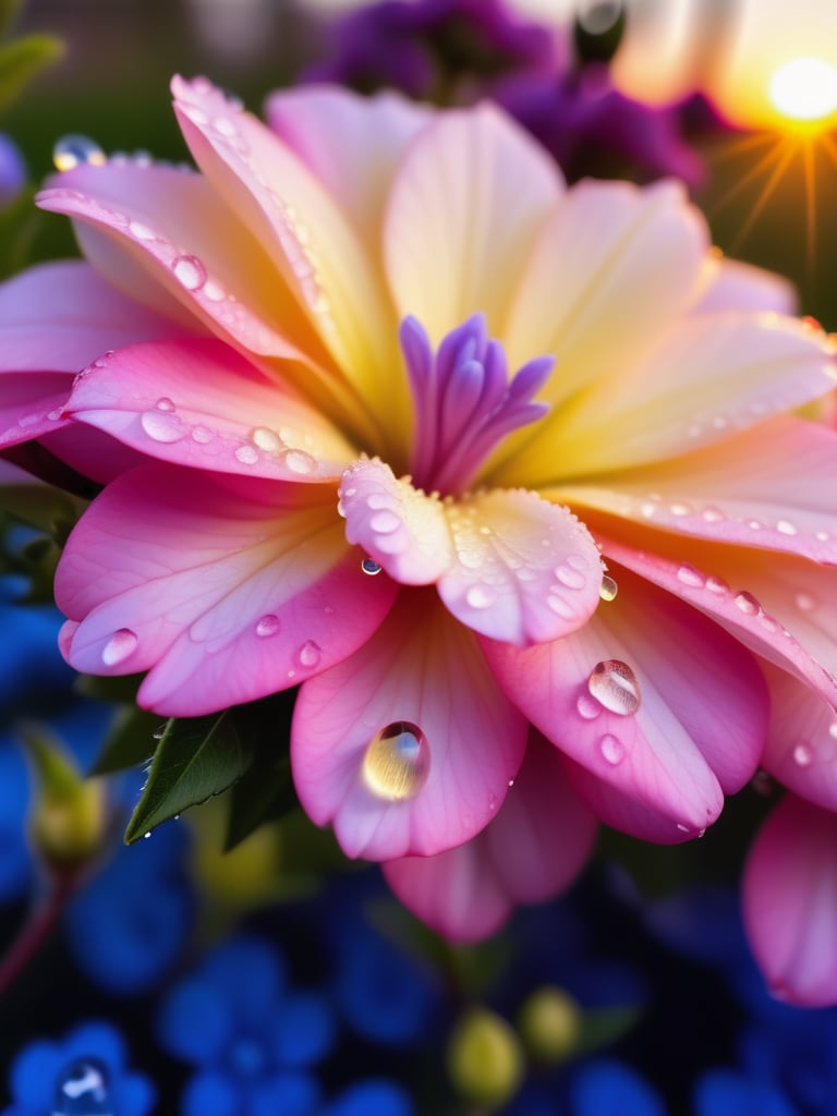 Macro photo, beautiful pink and light yellow purple flower bush, lifelike water drops, high quality, artistic petals, great depth of field, artistic sigma lens. sunset, blue hour, stunning composition