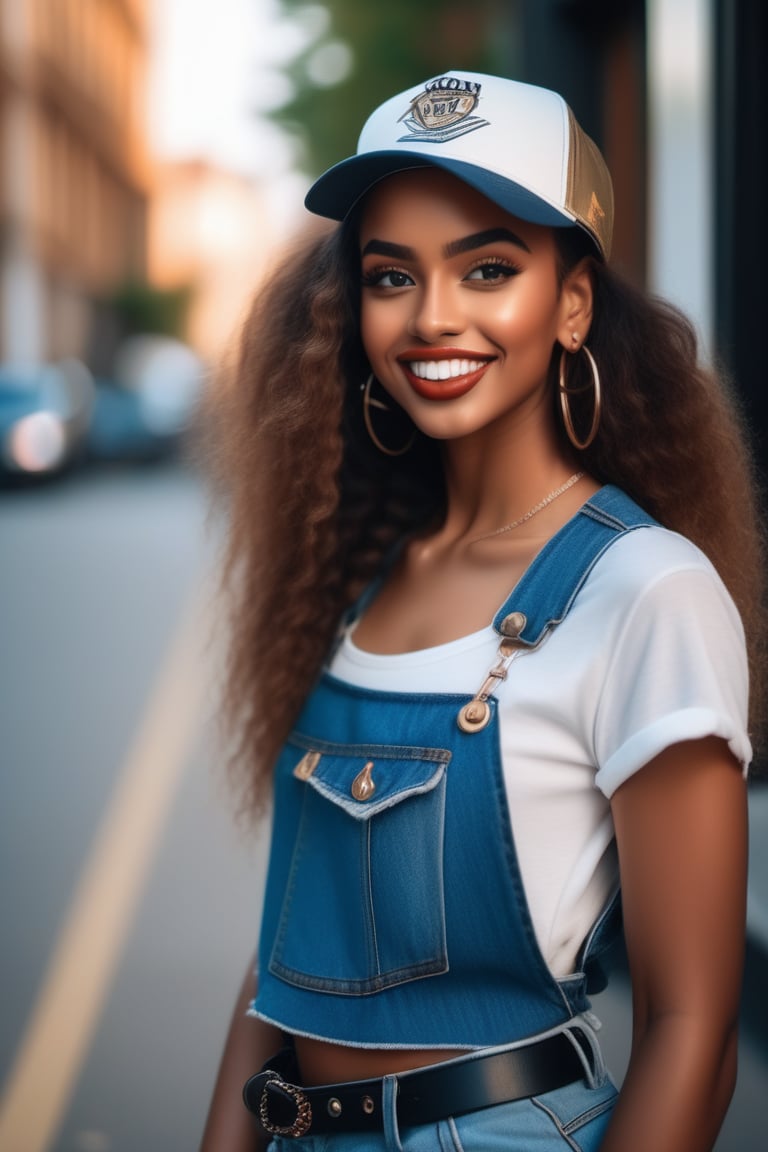 A brown-skinned woman poses for a picture, on the street.evening portrait beautiful face, fashion photography Beautiful detailed face, charming smile, blue eye contact, full body, punk hair, perfectly posing model.
. baseball cap, denim shorts. sexy outfit.