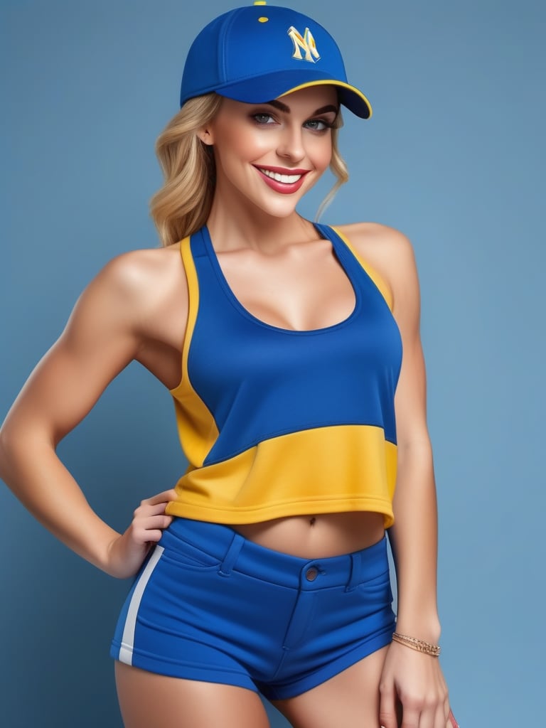 Sporty sexy woman posing for a picture, fashionable baseball cap, realistic skin texture,
accurate limbs, detailed beautiful face, blue clingy outfit, yellow sports shoes, attractive smile, twinkling eyes, sexy pose,
lifelike artistic point of view,