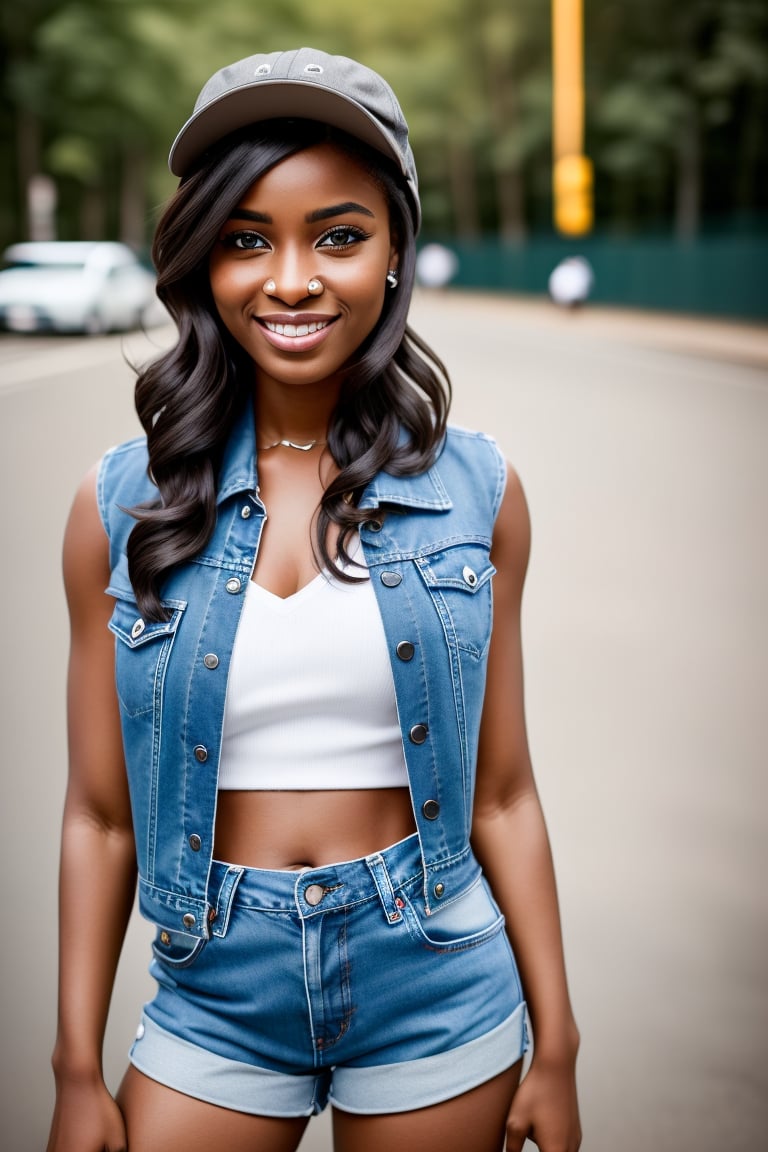 A brown-skinned woman poses for a picture, on the street.evening portrait beautiful face, fashion photography Beautiful detailed face, charming smile, blue eye contact, full body, punk hair, perfectly posing model.
. baseball cap, denim shorts. sexy outfit.