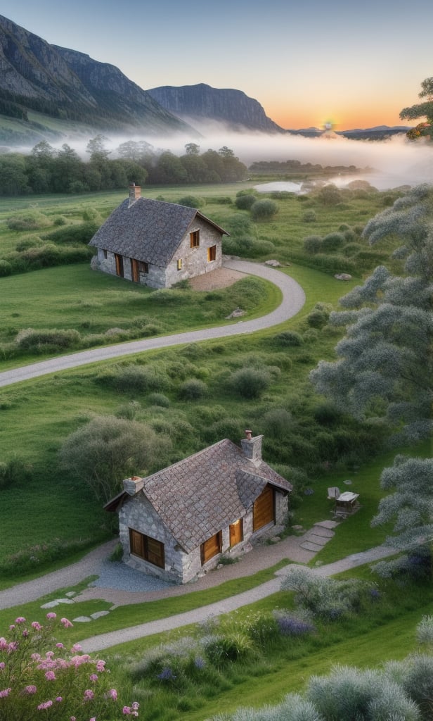 Accurate landscape, detailed vegetation, beautiful sparkling blue lake, rocks and flowers, An old cottage with plants growing on it, foggy landscape, HdR tones, drone footage, artwork, sunset, Artistic sigma