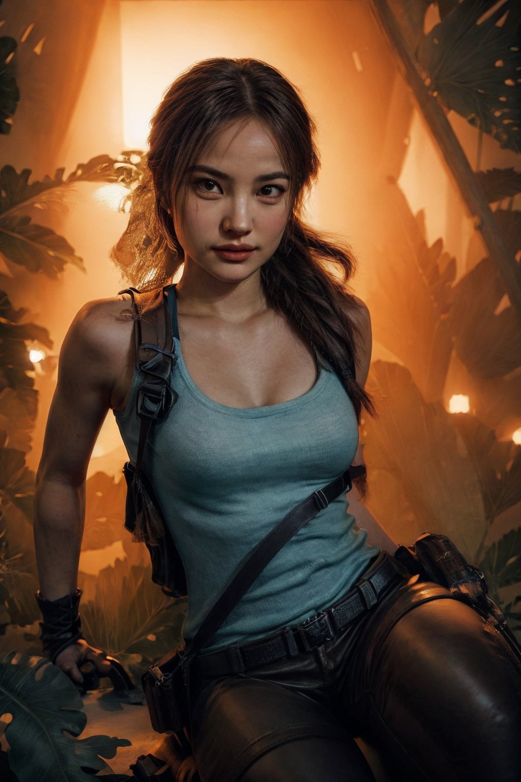 masterpiece, (photorealistic:1.4), best quality, beautiful lighting,
hyper realistic image, cinematic still, lara croft, dynamic movement, tank top, shorts, leather boots, full body, action scene, tomb raider movie,
low angle shot, fisheye lens, volumetric lighting, mist, haze, lens flare, bloom, volumetric lighting, cinematic lighting, photographed on a Sony a9 II, 50mm wide angle lens, sharp focus, shallow depth of field, RAW photo, 8k uhd, film grain, Ichikajp,LaraWaifu