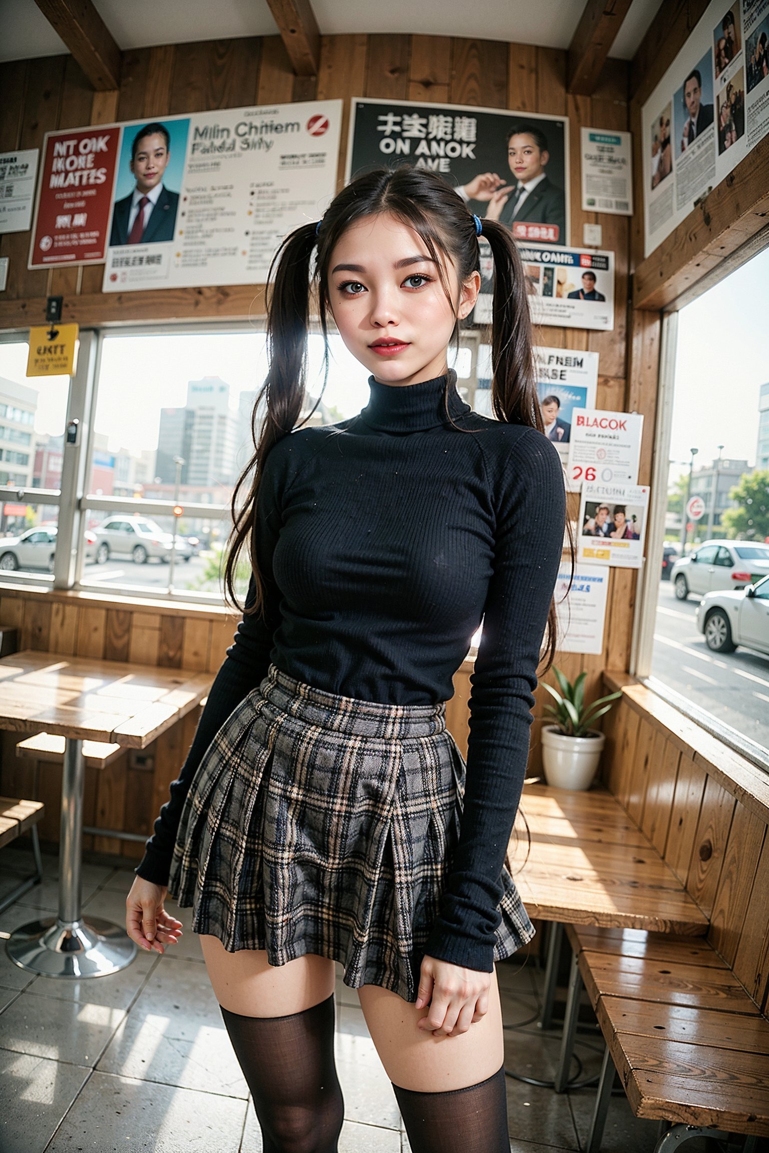 best quality, masterpiece, realistic, photorealistic, 35mm film photography captured with a fish-eye lens for a dynamic effect, a beautiful japanese girl standing in a cafe. She is wearing black turtleneck, black pleated skirt, black pantyhose. The sunlight filters through the bustling street, casting playful shadows and highlighting her happy expression, (black hair, pigtail_hairstyle:1.3)