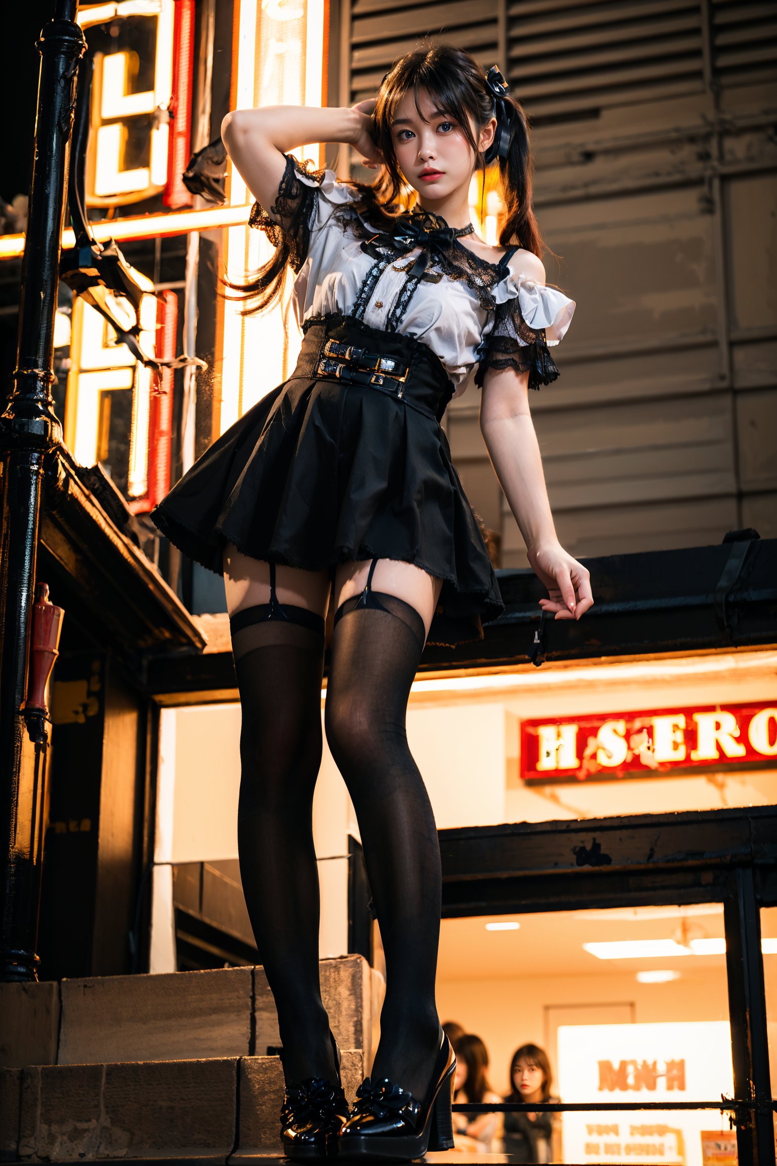 analog photography, film grain, best quality, masterpiece, realistic, photorealistic, 1girl, solo, twintails, hair ribbon, jirai kei attire, jirai kei, black thighhighs, high heels, street, night, stores, shops, windows, neon light, (high detailed skin:1.2), (from below:1.2)