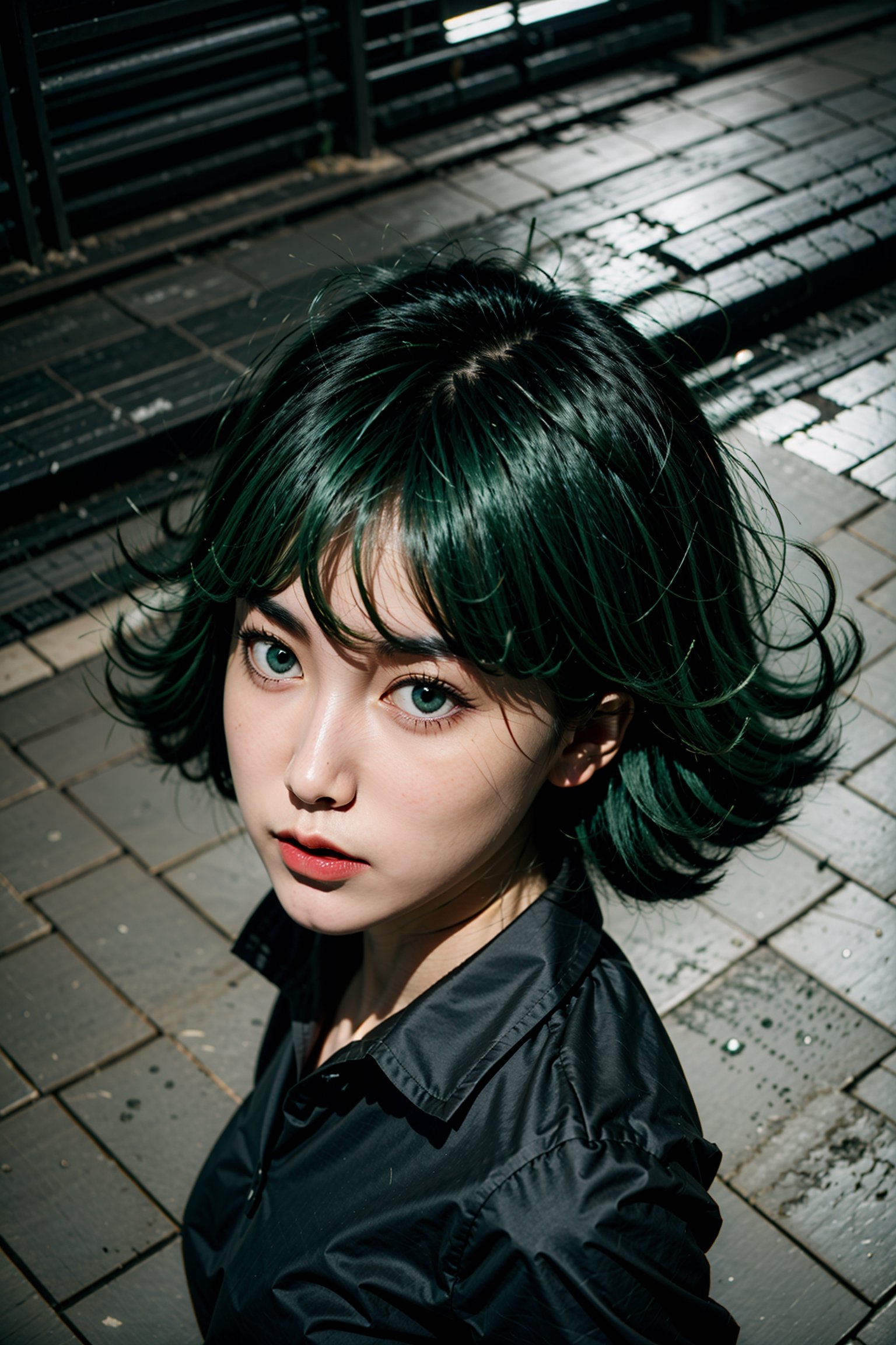 1girl,  shot from above,

tatsumakitornado,  black dress,  collared dress, long sleeves,  pelvic curtain,  side slit,  green hair,  curly hair,  green eyes,  (large_breasts),

on the street,  shibuya,  tokyo,

AiMi,  perfect eyes, perfect skin, detailed skin,