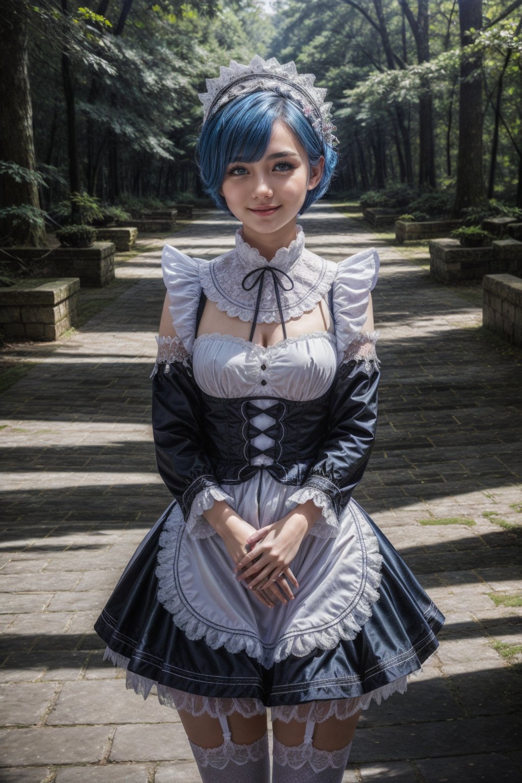 best quality, masterpiece, intricate detail, award winning, beauty photography,

1girl, Rem, blue hair, short hair, maid uniform, hair ornament, maid headdress, detached sleeves, ribbon, black skirt, white apron, (white stockings),

looking_at_viewer, cute smile, outdoor, in mystical forest with tall trees and ferns,

soft natural lighting, golden hour, Mid-morning, shot on Canon EOS 5D, volumetric lighting, rim light, lens flare, bloom, raytracing, bokeh, (in style of Oleg Oprisco:1.2), perfect eyes