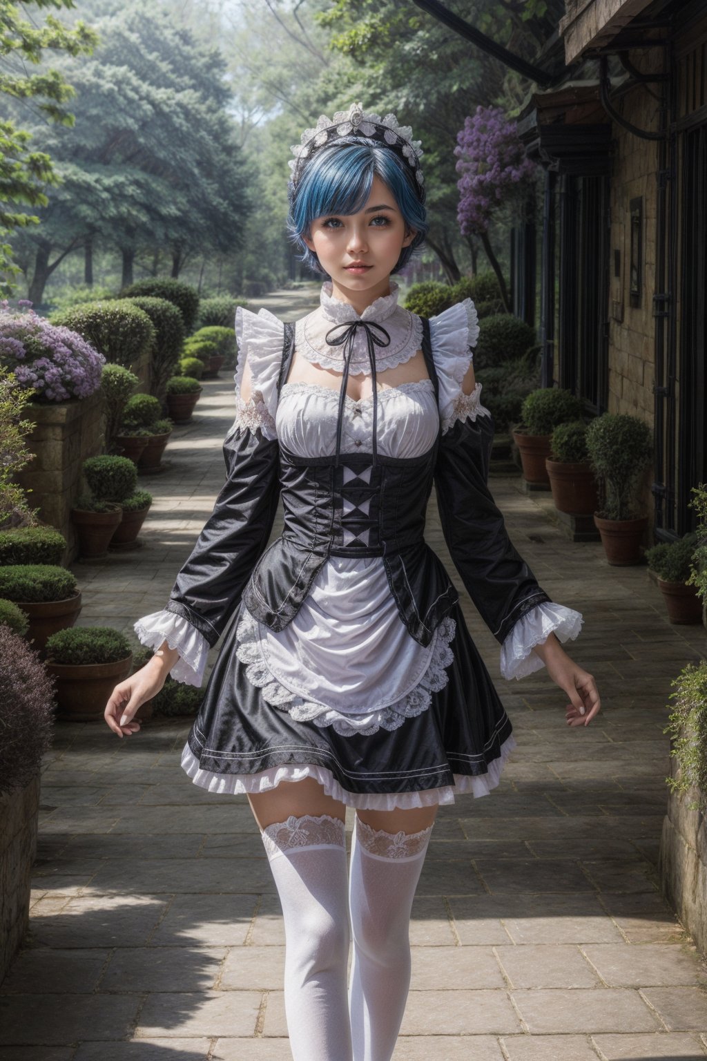 best quality, masterpiece, intricate detail, award winning, beauty photography,

1girl, Rem, blue hair, short hair, maid uniform, hair ornament, maid headdress, detached sleeves, ribbon, (black skirt:1.2), (white apron), (white stockings:1.2),

serene expression, walking through a lush garden with vibrant flowers, well-maintained garden with blooming flowers,

soft natural lighting, soft sunlight filtering through the trees, golden hour, late afternoon, shot on Canon EOS 5D, volumetric lighting, rim light, lens flare, bloom, raytracing, bokeh, (in style of Oleg Oprisco:1.2),perfect eyes