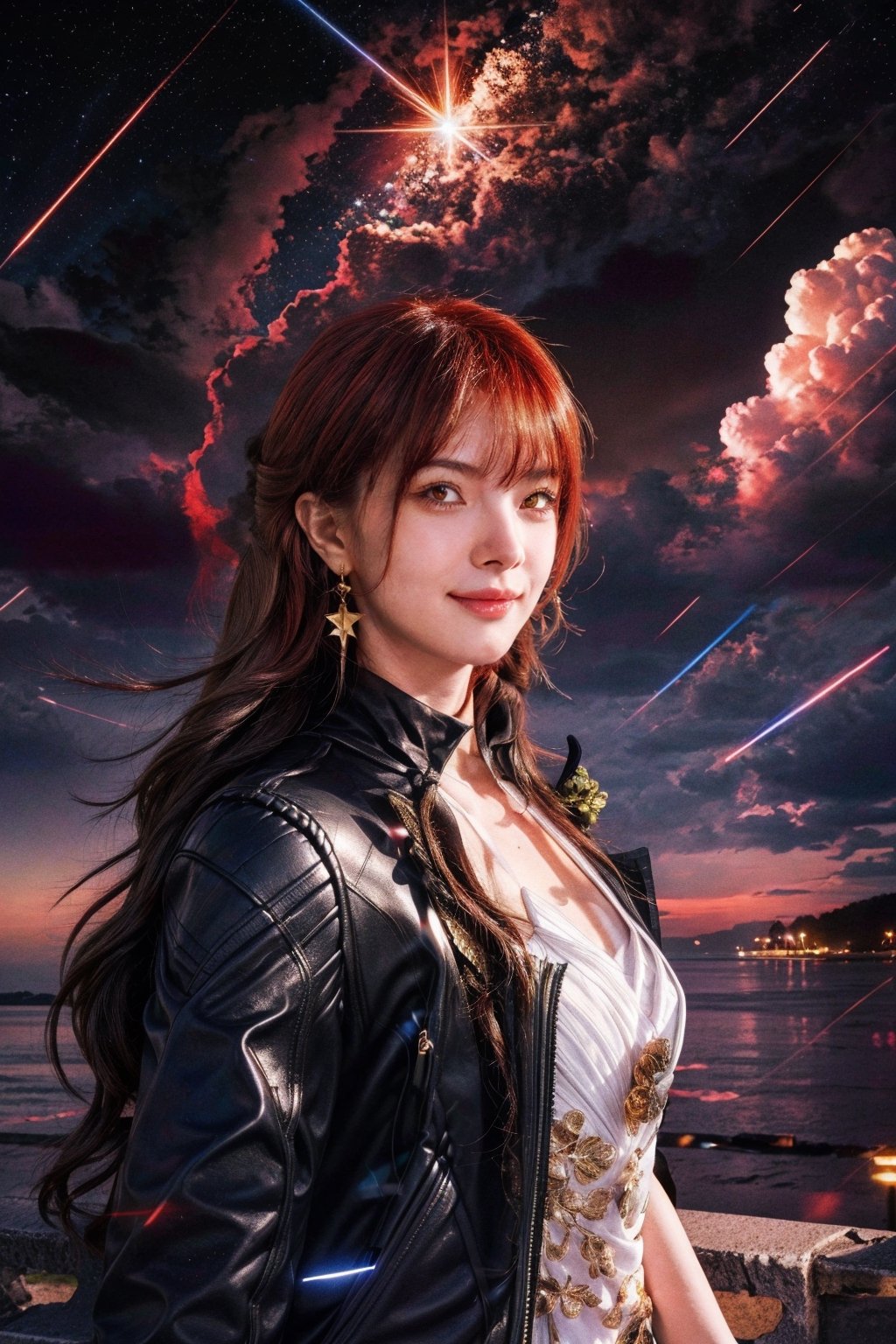 masterpiece, best quality, highres, (photorealistic:1.5), night photography,
1girl, official, head, yellow eyes, red hair, long hair, white dress, black jacket, golden rose on neck, single earring,
Looking_at_viewer, smile, Ichikajp,
EpicSky, outdoors, sky, cloud, cloudy_sky, light particles, star_(sky), scenery, cinematic, EpicSky,