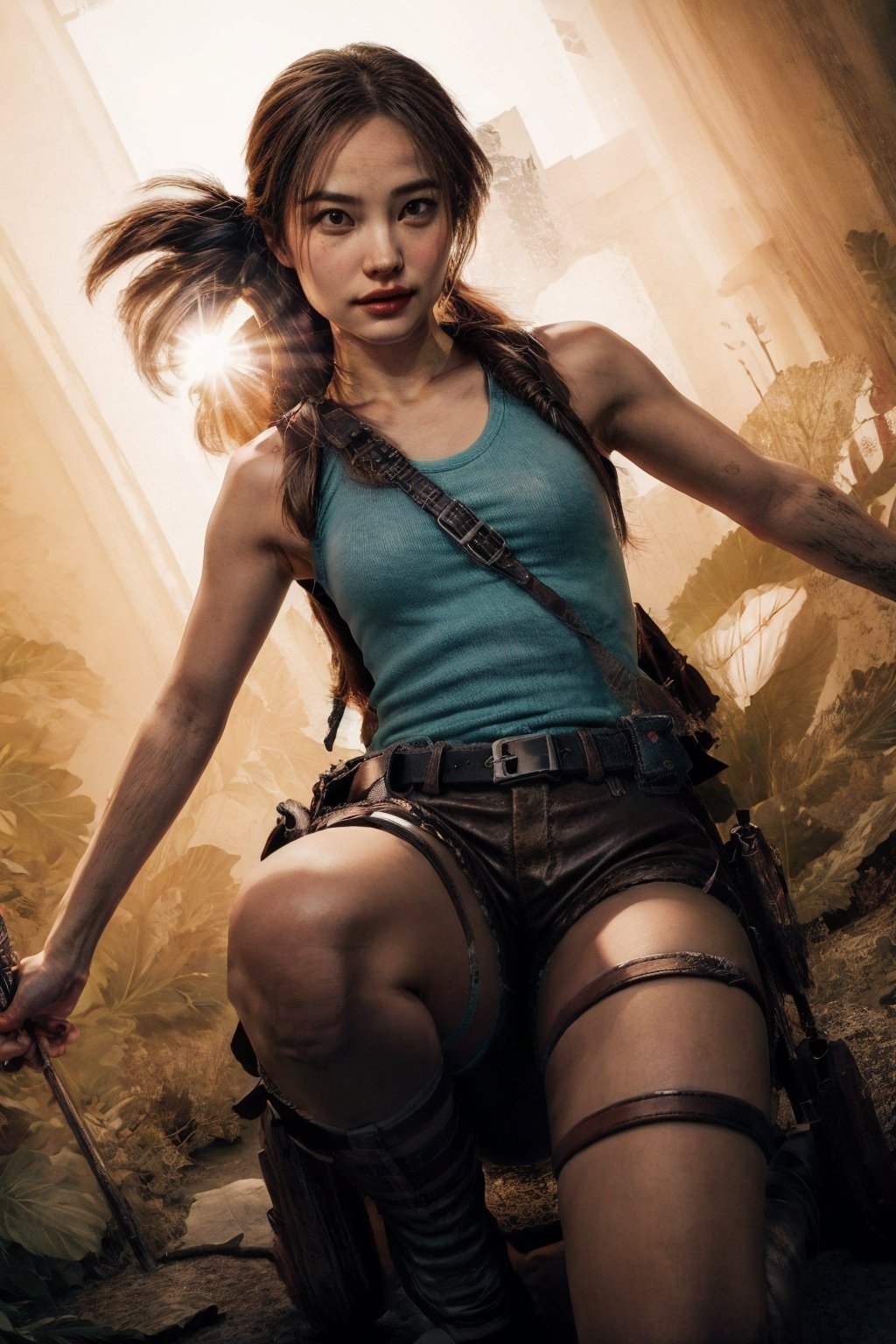 masterpiece, (photorealistic:1.4), best quality, beautiful lighting,
hyper realistic image, cinematic still, lara croft, dynamic movement, tank top, shorts, leather boots, full body, action scene, tomb raider movie,
low angle shot, fisheye lens, volumetric lighting, mist, haze, lens flare, bloom, volumetric lighting, cinematic lighting, photographed on a Sony a9 II, 50mm wide angle lens, sharp focus, shallow depth of field, RAW photo, 8k uhd, film grain, Ichikajp,LaraWaifu