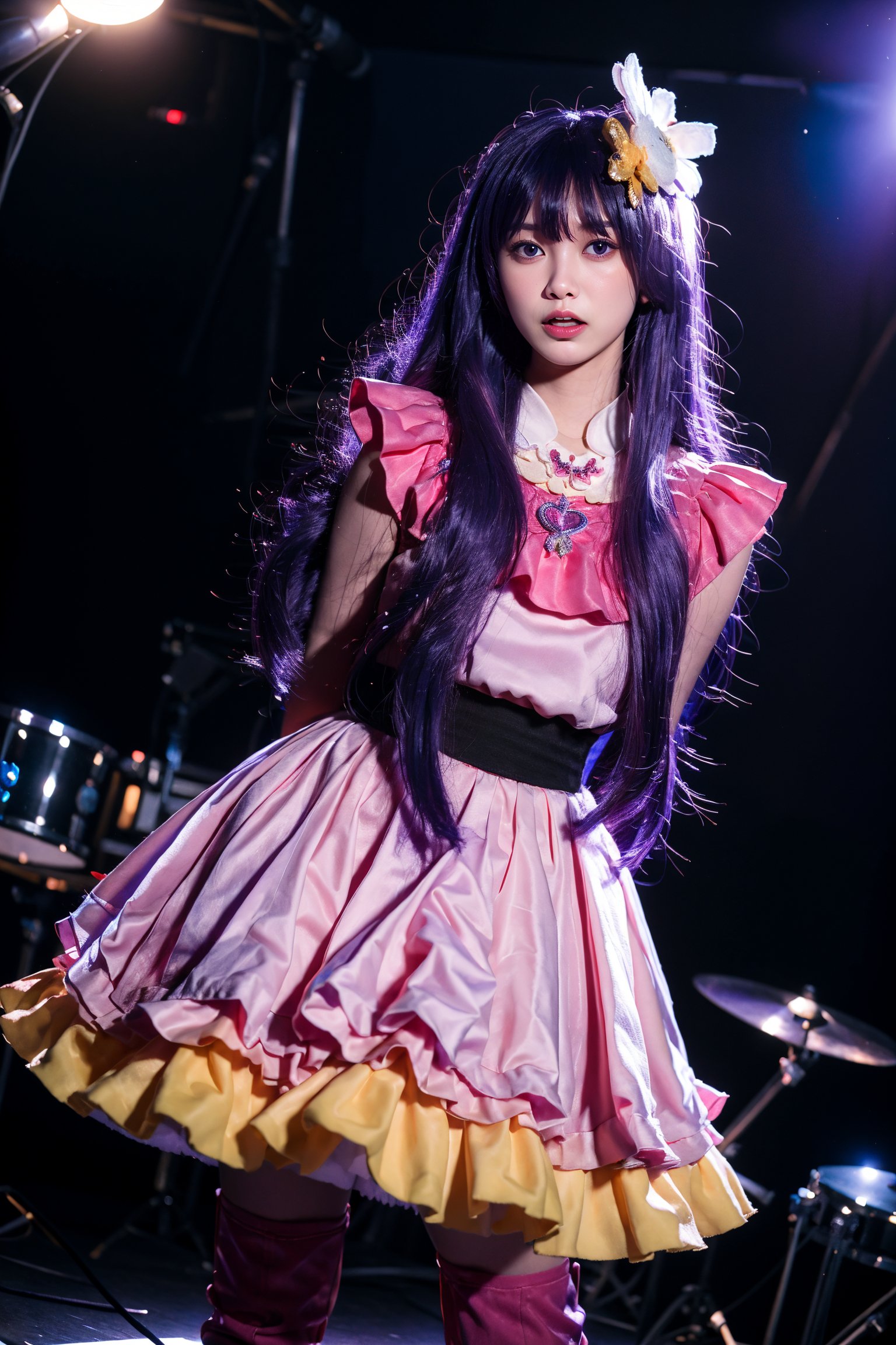 best quality, masterpiece, realistic, photorealistic, 1girl, solo, dancing, leaning forward, hand behind back, from below, 

purple_hair, purple_eyes, pink_dress, hair_ornament, 

On stage, stage lighting, spotlight