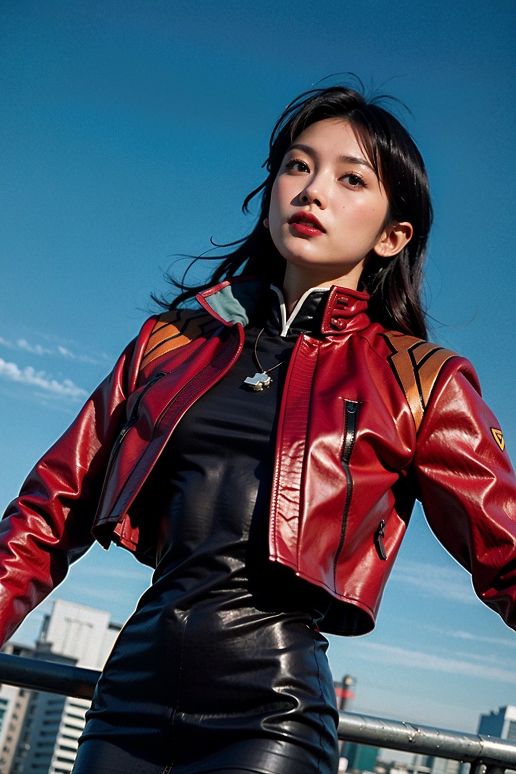 Analog photo, low angle, shot from below, action, 
katsuragi misato, brown eyes, black dress, cross necklace, high collar dress,  red jacket,
cityscape, cyberpunk, highway, blue sky, 
8k, high quality, film grain, Fujifilm superia, AiMi