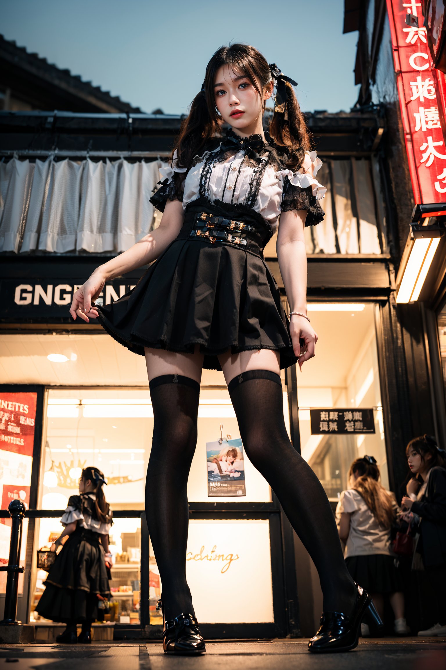 analog photography, film grain, best quality, masterpiece, realistic, photorealistic, 1girl, solo, twintails, hair ribbon, jirai kei attire, jirai kei, black thighhighs, high heels, street, night, stores, shops, windows, neon light, (high detailed skin:1.2), (from below:1.2)