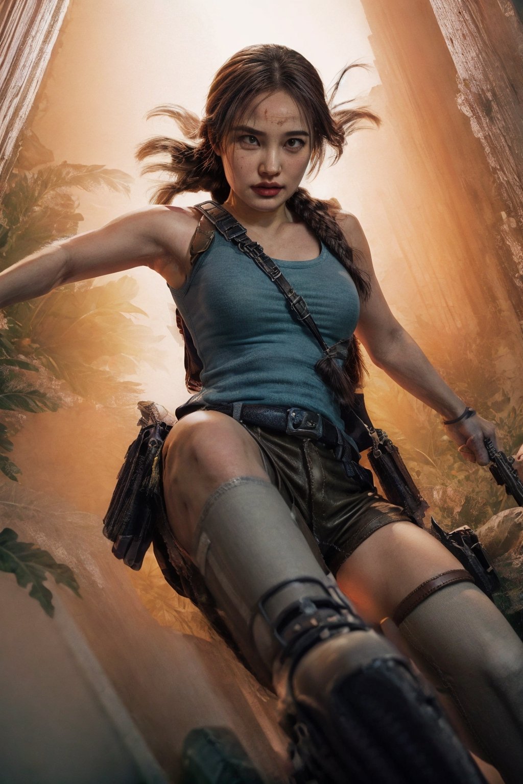 masterpiece, (photorealistic:1.4), best quality, beautiful lighting,
hyper realistic image, cinematic still, lara croft, dynamic movement, tank top, shorts, leather boots, full body, action scene, tomb raider movie,
low angle shot, fisheye lens, volumetric lighting, mist, haze, lens flare, bloom, volumetric lighting, cinematic lighting, photographed on a Sony a9 II, 50mm wide angle lens, sharp focus, shallow depth of field, RAW photo, 8k uhd, film grain, Ichikajp,LaraWaifu