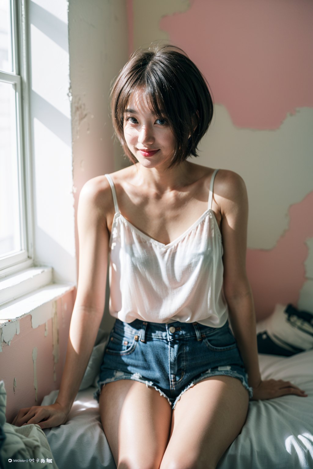 masterpiece, best-quality, photorealistic, raw photo,

1girl, 20 years old beautiful Japanese girl, pixie_haircut, white camisole, denim shorts, Detailedface,Detailedeyes

sitting on her bed, looking at viewer, cute smile,

(pink bedroom:1.4), (unpainted wall:1.6), intricately detail, (messy bedroom:1.6), (chaos:1.6)

film grain, HD, 8k, volumetric lighting, sun rays through window, window light, hair backlight, ear backlight, particle fx, mist, haze debris