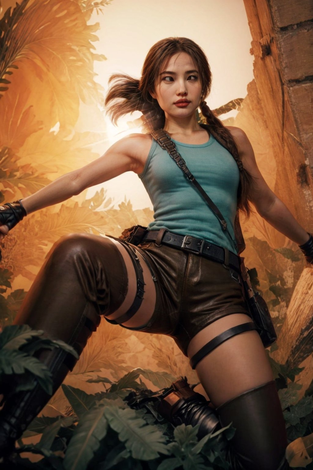 masterpiece, (photorealistic:1.4), best quality, beautiful lighting,
hyper realistic image, cinematic still, lara croft, dynamic movement, tank top, shorts, leather boots, full body, action scene, tomb raider movie,
low angle shot, fisheye lens, volumetric lighting, mist, haze, lens flare, bloom, volumetric lighting, cinematic lighting, photographed on a Sony a9 II, 50mm wide angle lens, sharp focus, shallow depth of field, RAW photo, 8k uhd, film grain, Ichikajp,LaraWaifu