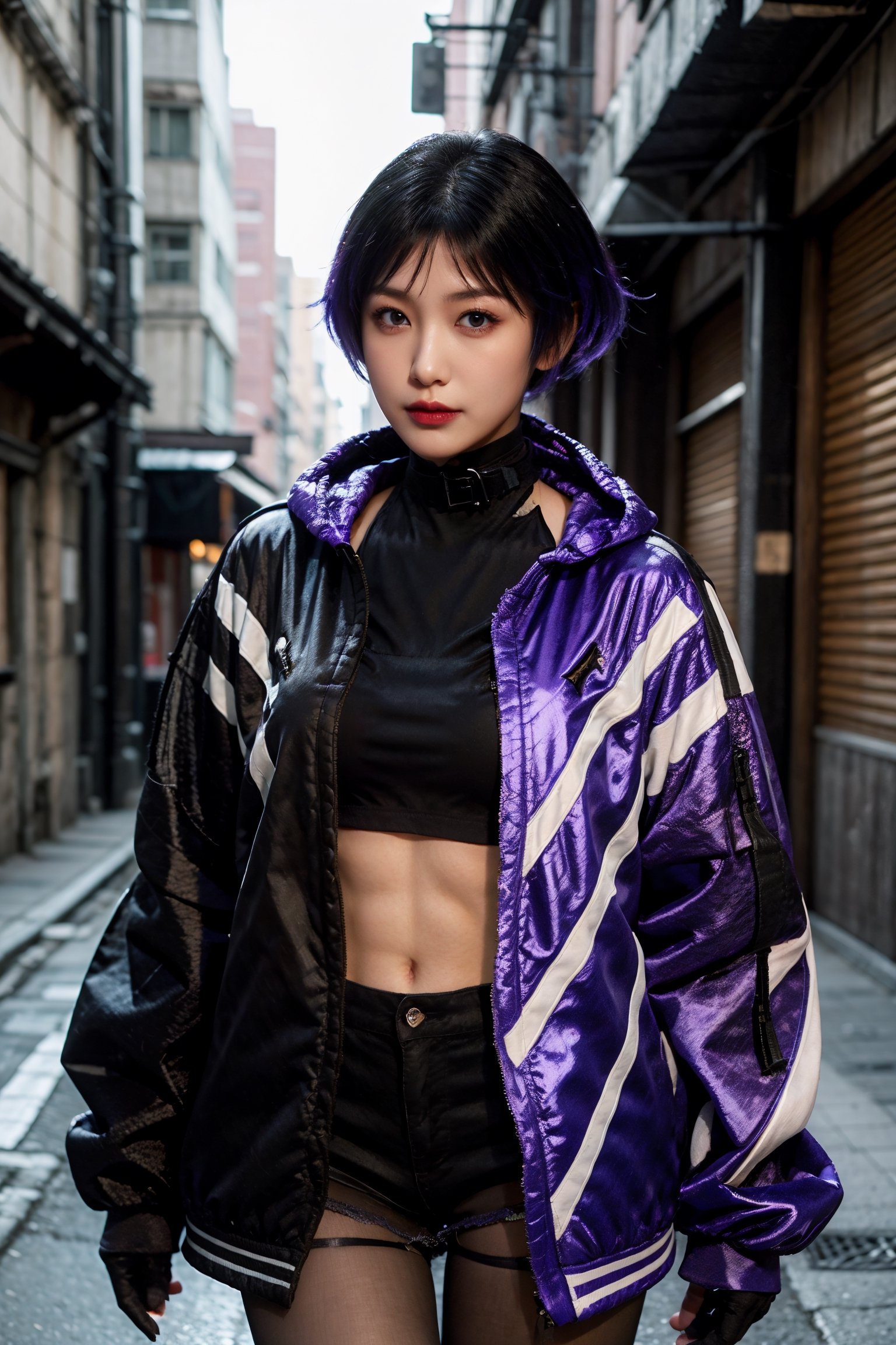 1girl,

reina, multicolored hair, purple eyes, choker, purple jacket, black shirt, black shorts, gloves, pantyhose, 

alleyway, street, dark, bokeh, 

AiMi,  perfect eyes, perfect skin, detailed skin