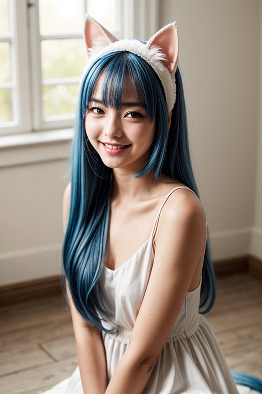 1girl,beautiful,long hair,blue hair,(white cat ears), white dress, blue room, cute pose. cute smile, looking_at_viewer,