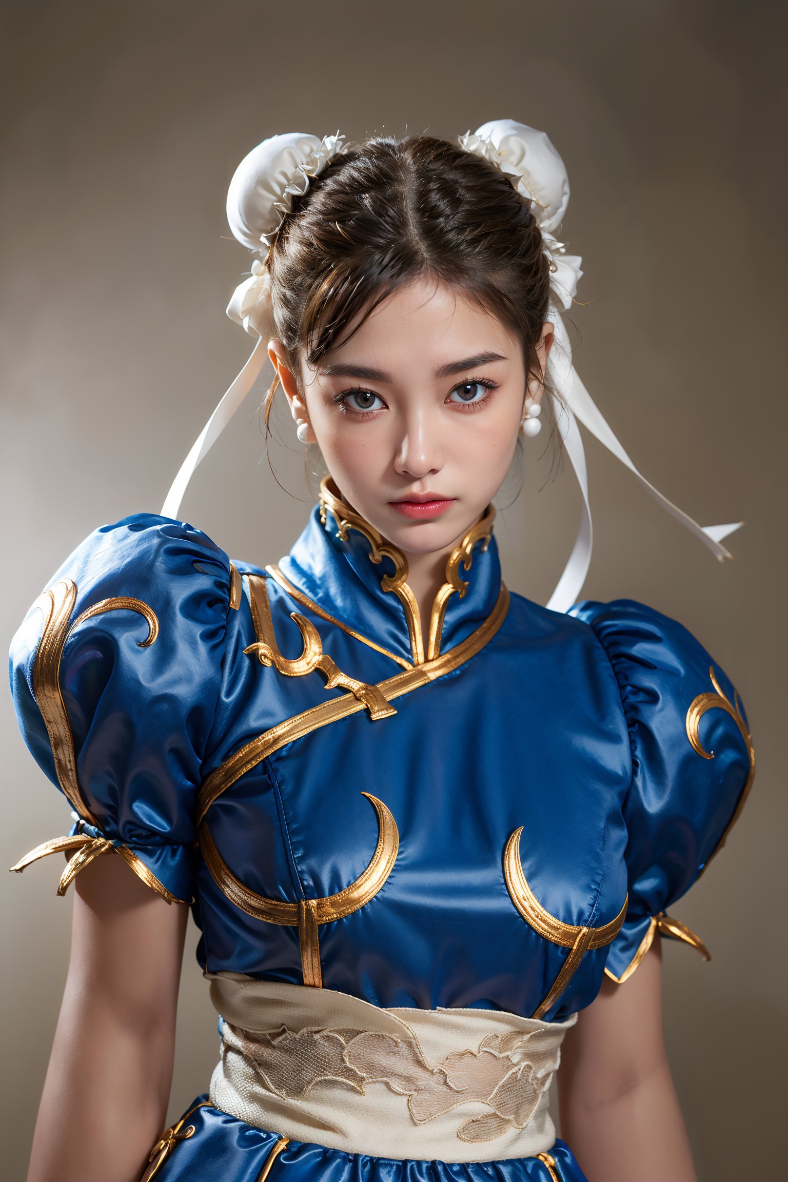 Analog photography, film grain, best quality, masterpiece, realistic, photorealistic, 1girl, solo, chun li, brown eyes, short hair, brown hair, double bun, bun cover, blue dress, pelvic curtain, spiked bracelet, sash, brown pantyhose, (detailed background:1.5), (high detailed skin:1.2),