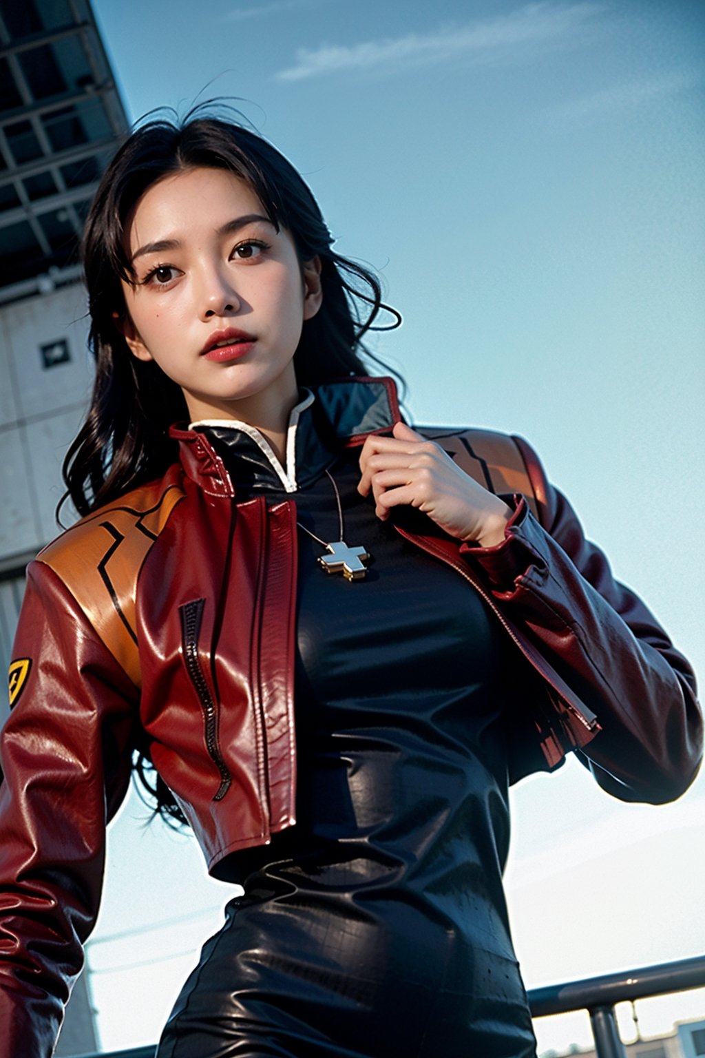 Analog photo, low angle, shot from below, action, 
katsuragi misato, brown eyes, black dress, cross necklace, high collar dress,  red jacket,
cityscape, cyberpunk, highway, blue sky, 
8k, high quality, film grain, Fujifilm superia, AiMi