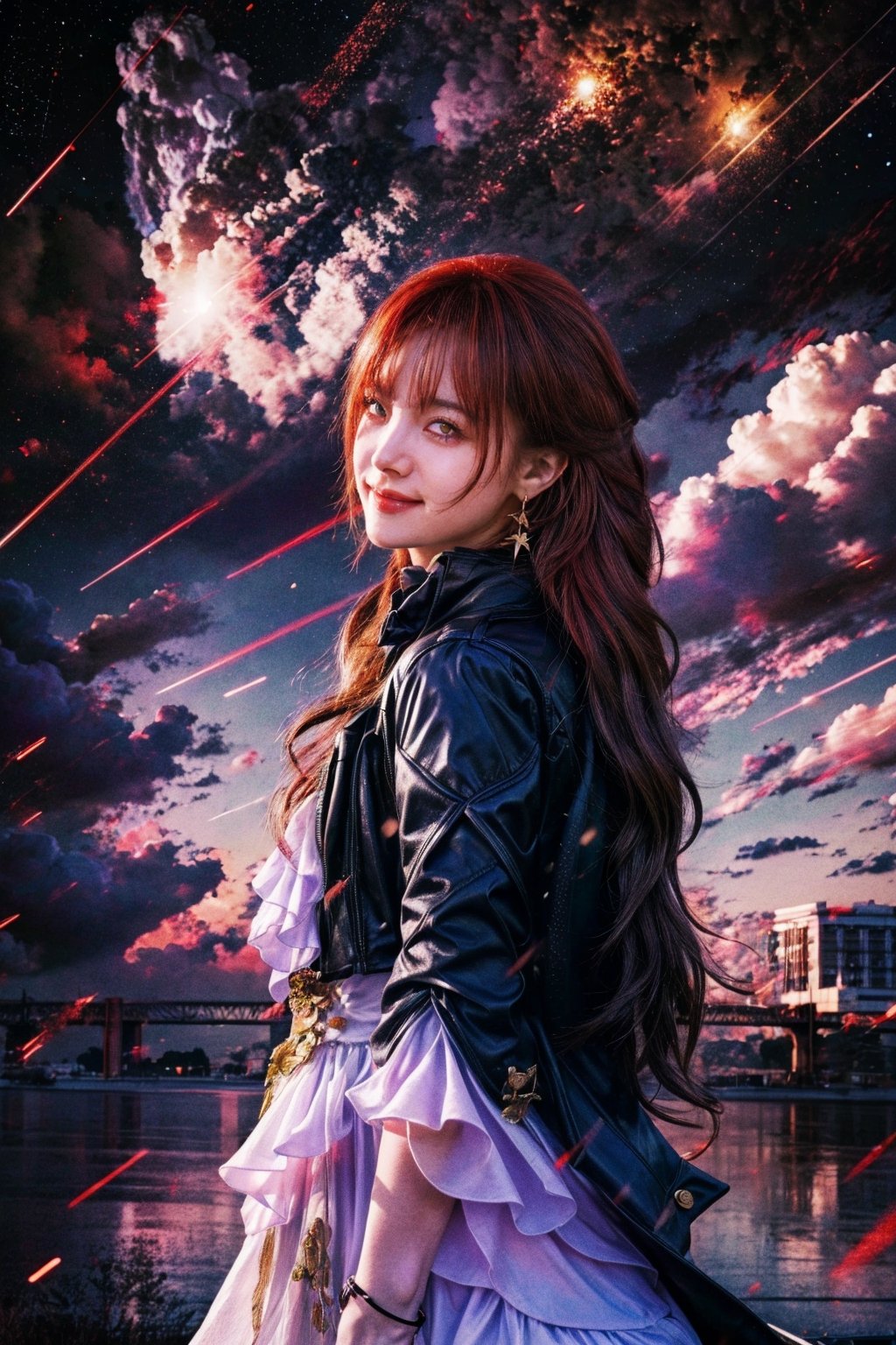masterpiece, best quality, highres, (photorealistic:1.5), night photography,
1girl, official, head, yellow eyes, red hair, long hair, white dress, black jacket, golden rose on neck, single earring,
Looking_at_viewer, smile, Ichikajp,
EpicSky, outdoors, sky, cloud, cloudy_sky, light particles, star_(sky), scenery, cinematic, EpicSky,