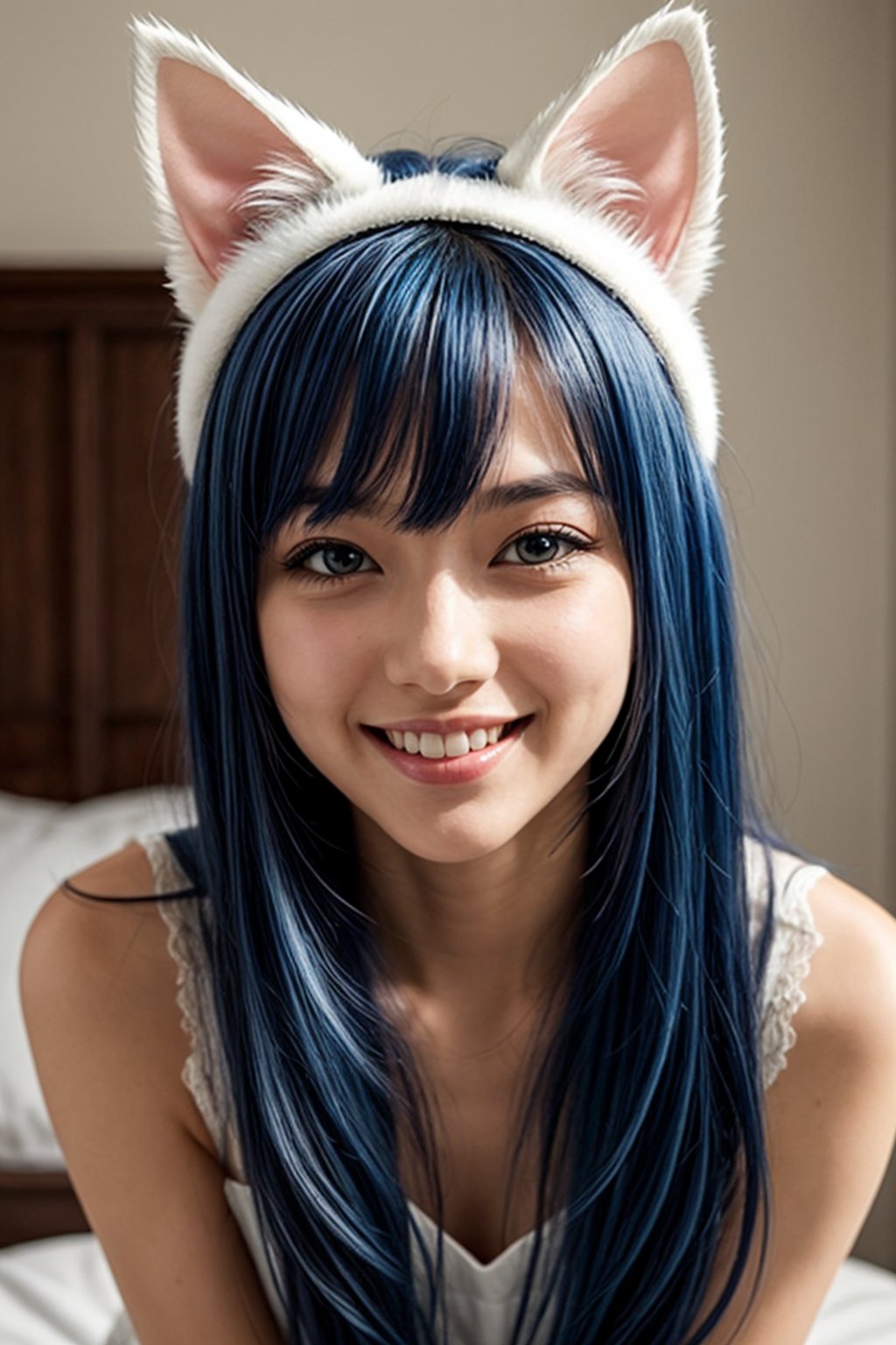 1girl,beautiful,long hair,blue hair,(white cat ears), white dress, blue room, cute pose. cute smile, looking_at_viewer,