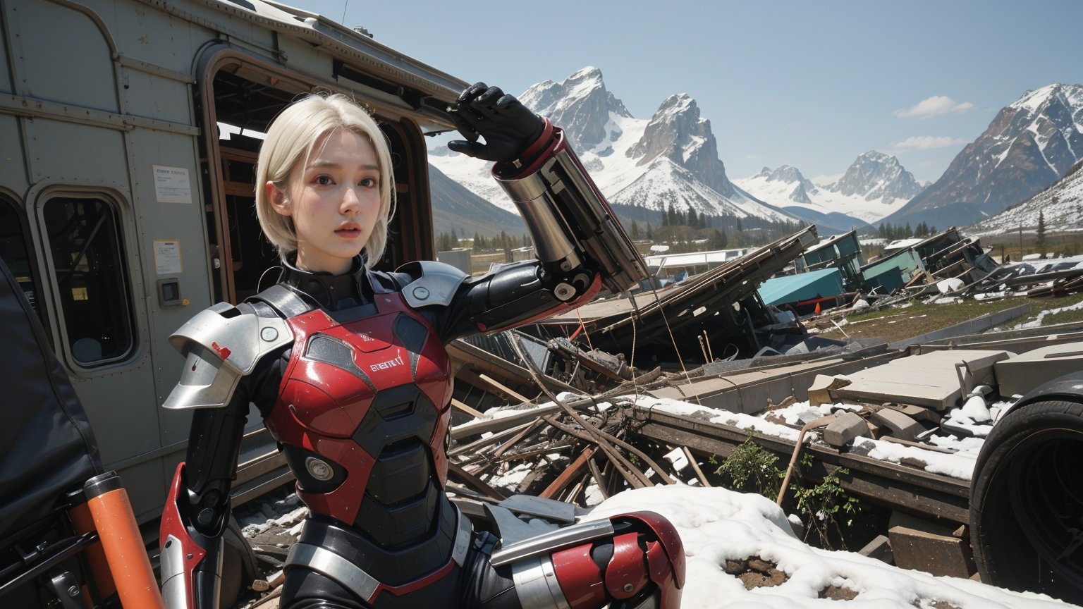 medium shot of one sci-fi futuristic woman, white hair, cybernetic armor, sitting, (combat mecha robot stands nearby), winter mountains in the wreckage of spaceships background, (determined expression:1.3), (fierce gaze:1.4), outdoor, dystopian futuristic era, realistic, ambient light, cinematic composition, wide-angle lens, best quality, masterpiece