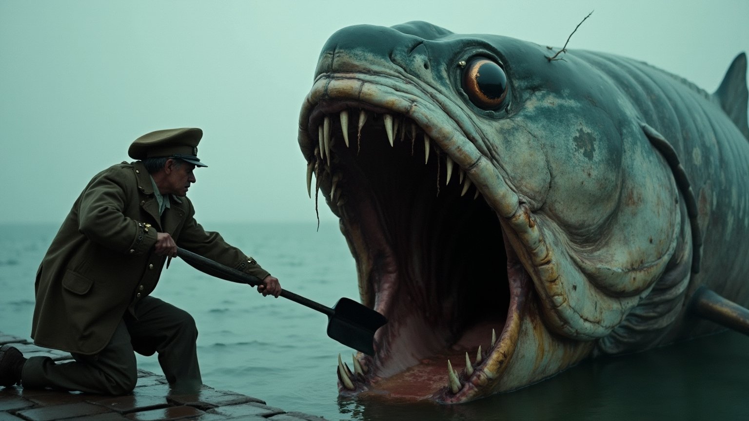 Ultra realistic close-up analog photo, depth of field, cinematic movie still, A creepy, crooked mutant captain pokes around in the open mouth of a giant fish on an old pier with a shovel.