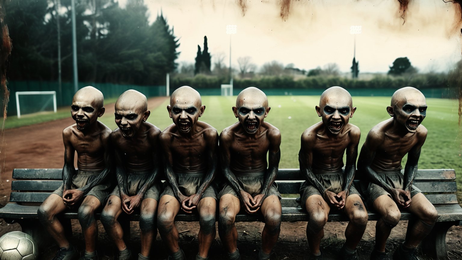 (((a lot of full body angry SIBITORO uniformed soccer players with large black eye sockets, a creepy mouth with hundreds of teeth sits on the bench near the soccer ball))), full body shot, ((dark dirty vintage stadium background)), high detail, 8k, masterpiece, realistic photo, horror, ct-horror, fantastical, intricate detail, complementary colors, horror fantasy concept art, (in the style of Hans Heysen and Carne Griffiths), shot on Canon EOS 5D Mark IV DSLR, 85mm lens, long exposure time, f/8, ISO 100, shutter speed 1/125, award winning photograph, facing camera, perfect contrast,cinematic style,cibtr